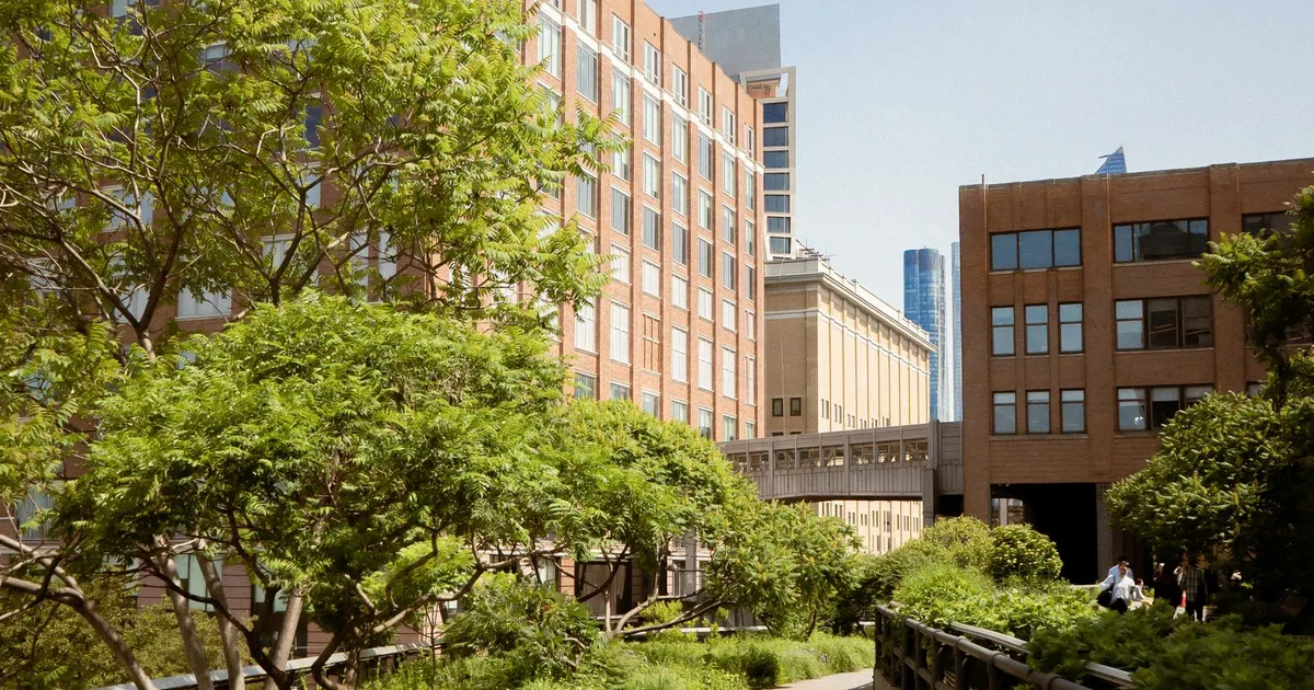 A planted pedestrian path among New York City buildings.